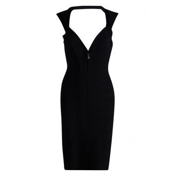 Pre Owned Herve Leger Black Zip Front Sleeveless Bandage Dress M