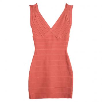 Pre Owned Herve Leger Pastel Orange V-Neck Bandage Dress XS