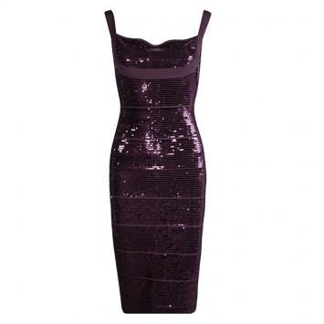 Pre Owned Herve Leger Prune Sequin Embellished Sleeveless Bandage Dress M
