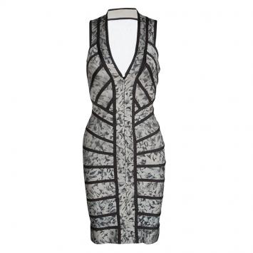 Pre Owned Herve Leger Grey Rose Print Zip Front Zara Bandage Dress S
