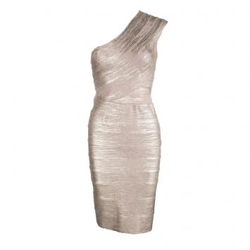 Pre Owned Herve Leger Metallic Coated One Shoulder Josephine Bandage Dress M