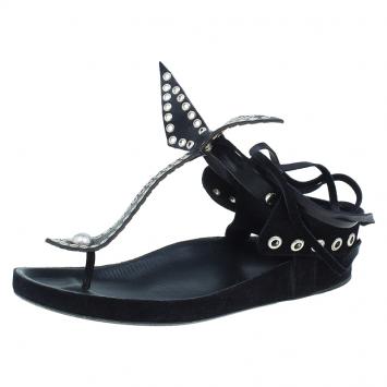 Pre Owned Isabel Marant Black Leather and Suede Edris Bow Tie Sandals Size 37