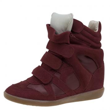 Pre Owned Isabel Marant Red Suede and Leather Bekett Wedge Sneakers Size 37