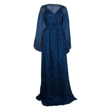 Pre Owned Issa London Blue Printed Silk Belted Kaftan Maxi Dress L