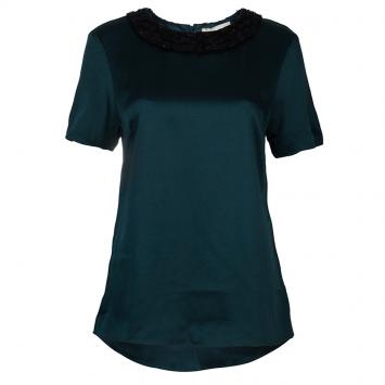 Pre Owned Jason Wu Green Embellished Neck Detail Short Sleeve Blouse S