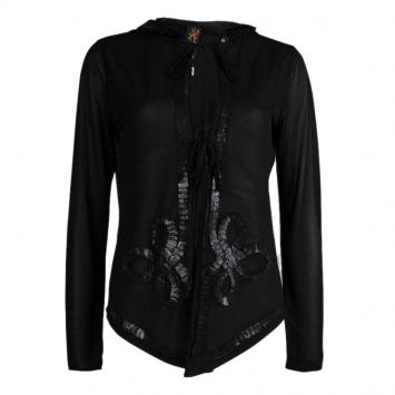 Pre Owned Jean Paul Gaultier Black Knit Applique Detail Hooded Sheer Cardigan M