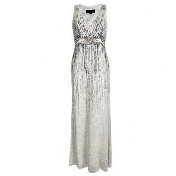 Pre Owned Jenny Packham Off White Sequin Embellished Beaded Sleeveless Gown M