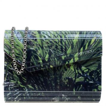 Pre Owned Jimmy Choo Palm Leaf Printed Acrylic Candy Clutch