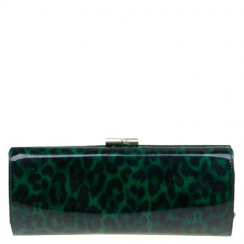 Pre Owned Jimmy Choo Green/Black Leopard Print Patent Leather Twill Tube Clutch