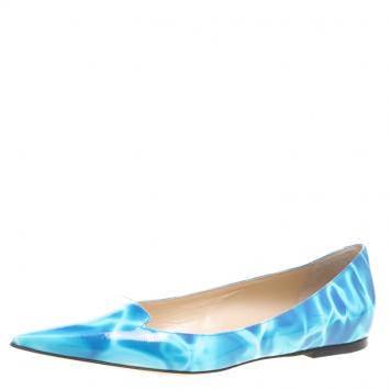 Pre Owned Jimmy Choo Turquoise Swimming Pool Print Patent Leather Attila Ballet Flats Size 39.5
