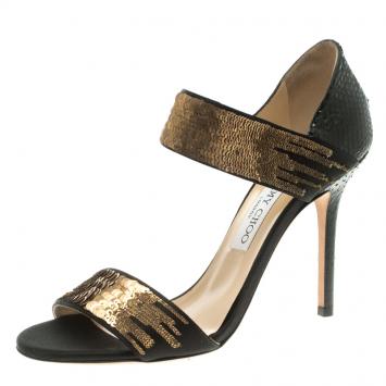 Pre Owned Jimmy Choo Black Satin and Python Tallow Gold Sequined Sandals Size 38.5