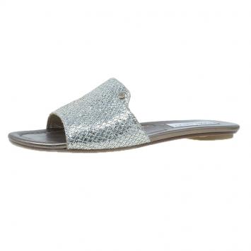 Pre Owned Jimmy Choo Silver Glitter Nanda Slides Size 38