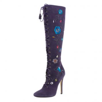 Pre Owned Jimmy Choo Purple Suede Floral Embroidered Colorado Knee Boots Size 38 