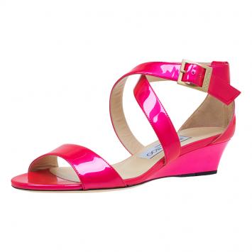 Pre Owned Jimmy Choo Pink Patent Chiara Wedge Sandals Size 36