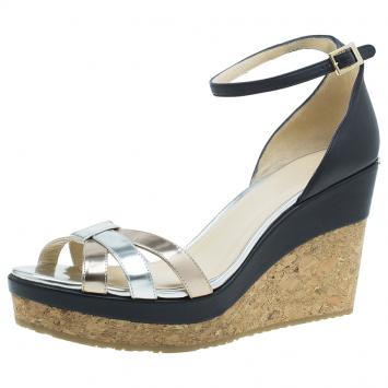 Pre Owned Jimmy Choo Metallic Leather and Cork Ankle Strap Wedges Size 41 
