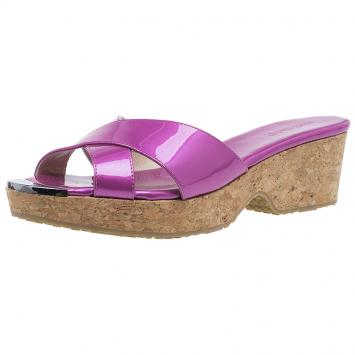 Pre Owned Jimmy Choo Purple Metallic Leather Panna Cork Slides Size 39