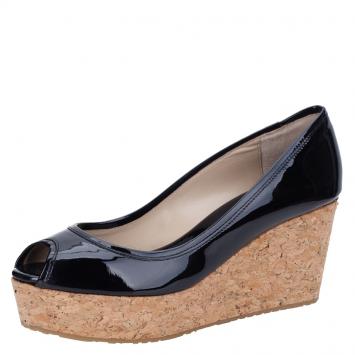 Pre Owned Jimmy Choo Black Patent Parley Cork Wedge Pumps Size 38.5