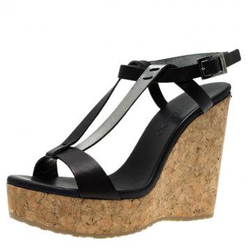 Pre Owned Jimmy Choo Black Leather Native Cork Wedge Sandals Size 37.5