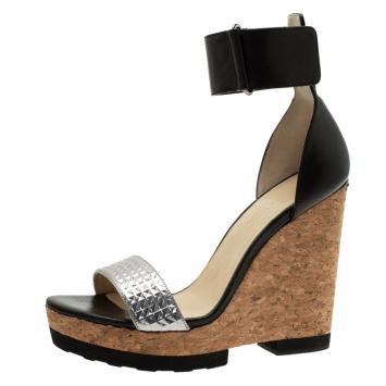 Pre Owned Jimmy Choo Black and Silver Metallic Leather Neston Ankle Strap Wedge Sandals Size 40