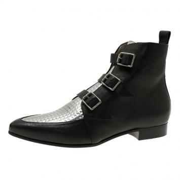 Pre Owned Jimmy Choo Black and Silver Metallic Leather Marlin Boots Size 39 