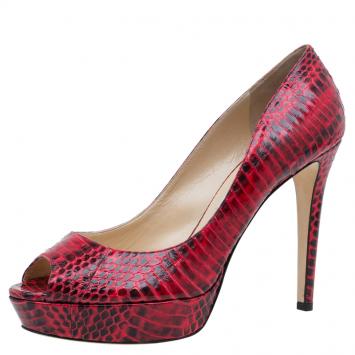 Pre Owned Jimmy Choo Red Python Dahlia Peep Toe Platform Pumps Size 41