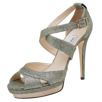 Pre Owned Jimmy Choo Silver Lamé Glitter Kuki Platform Sandals Size 41