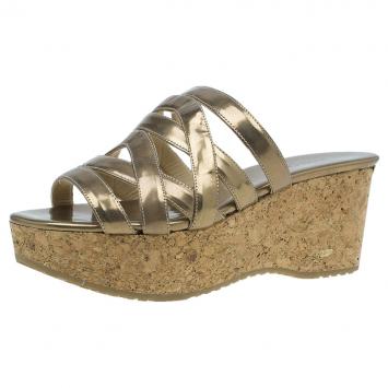 Pre Owned Jimmy Choo Metallic Gold Leather and Cork Wedge Slides Size 37.5