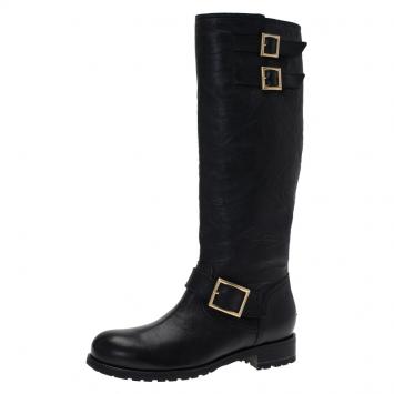 Pre Owned Jimmy Choo Black Wrinkled Leather Yule Biker Boots Size 39.5