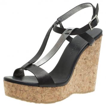 Pre Owned Jimmy Choo Black Leather Native Cork Wedge Sandals Size 39