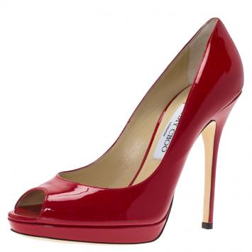 Pre Owned Jimmy Choo Red Patent Quiet Peep Toe Platform Pumps Size 38