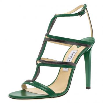 Pre Owned Jimmy Choo Green and Grey Leather Moray Ankle Strap Sandals Size 40