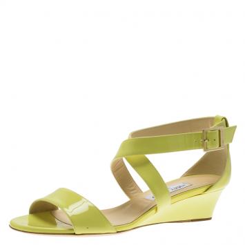 Pre Owned Jimmy Choo Neon Yellow Patent Leather Chiara Wedge Sandals Size 39.5