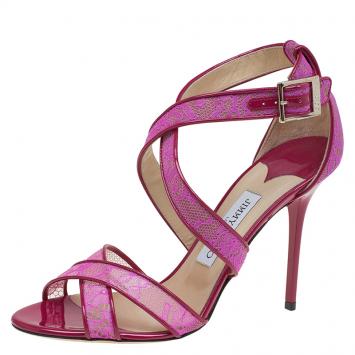 Pre Owned Jimmy Choo Pink Lace and Patent Leather Lottie Strappy Sandals Size 40