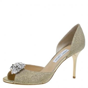 Pre Owned Jimmy Choo Gold Lamé Crystal Embellished Hydra D'Orsay Pumps Size 40