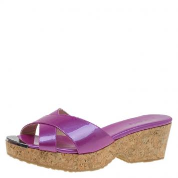 Pre Owned Jimmy Choo Purple Patent Panna Cork Wedge Sandals Size 38