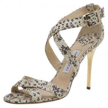 Pre Owned Jimmy Choo Cream Python Embossed Leather Lottie Strappy Sandals Size 41