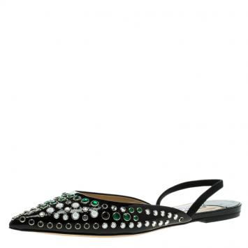 Pre Owned Jimmy Choo Black Embellished Leather Genoa Pointed Toe Slingback Flat Sandals Size 39.5
