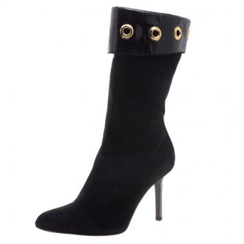 Pre Owned Jimmy Choo Black Suede Jinx Cuffed Eyelet  Ankle Boots Size 38.5 
