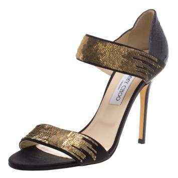 Pre Owned Jimmy Choo Black Satin and Python Tallow Gold Sequined Sandals Size 41