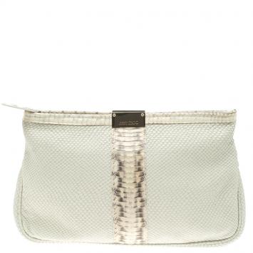 Pre Owned Jimmy Choo Off White Python Embossed Leather and Python Trim Zulu Clutch