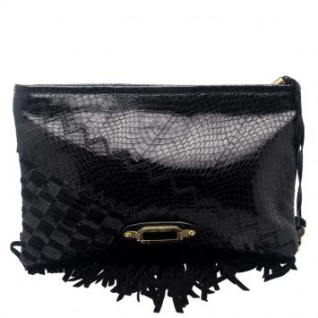 Pre Owned Jimmy Choo Black Python Fringe Tita Convertible Clutch 