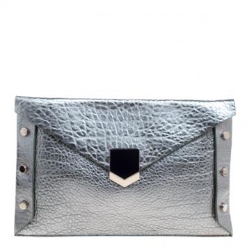 Pre Owned Jimmy Choo Metallic Green Leather Lockett Envelope Clutch