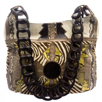 Pre Owned Jimmy Choo Beige Python and Calf Hair Patchwork Kaja Shoulder Bag