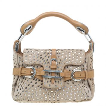 Pre Owned Jimmy Choo Beige Perforated Suede Tulita Satchel Bag