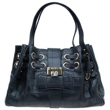 Pre Owned Jimmy Choo Black Croc Embossed Ramona Hobo Bag