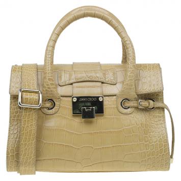 Pre Owned Jimmy Choo Beige Croc Embossed Leather Small Rosalie Top Handle Bag