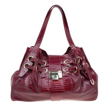 Pre Owned Jimmy Choo Burgundy Python Embossed Leather Riki Tote