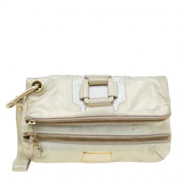 Pre Owned Jimmy Choo Metallic Beige Leather Small Mave Foldover Clutch