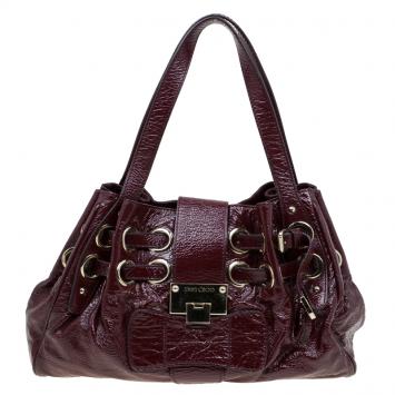 Pre Owned Jimmy Choo Burgundy Crinkled Patent Leather Small Riki Tote