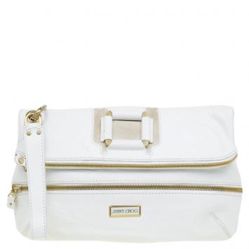 Pre Owned Jimmy Choo White Leather and Suede Large Mave Foldover Clutch